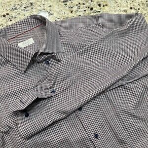 Eton Contemporary Fit Dress Shirt Mens 18 46 Burgundy Navy Micro Houndstooth LS